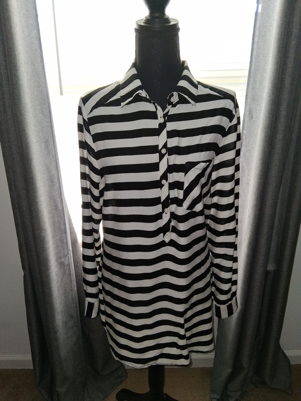 Route 66 Black & White Horizontal Stripe Button-Front Shirt